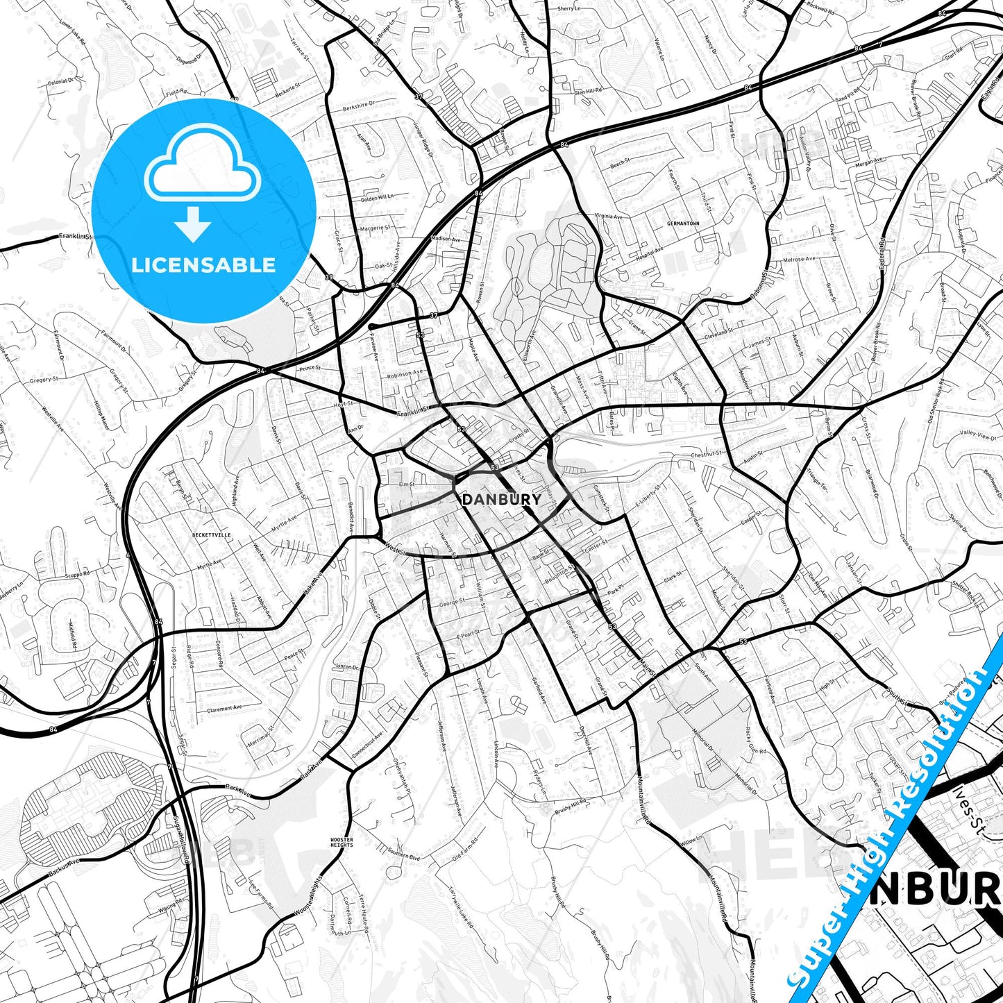Danbury, Connecticut Light Map with Street Names, City Names, and Districts