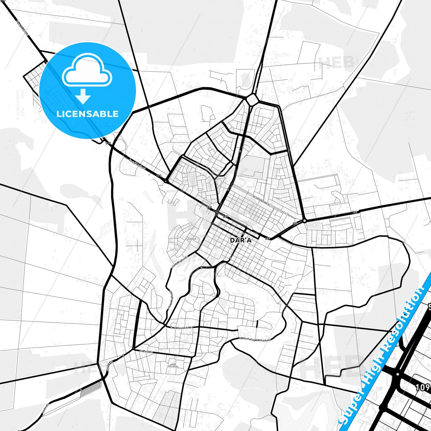Daraa, Syria Light Map with Street Names, City Names, and Districts