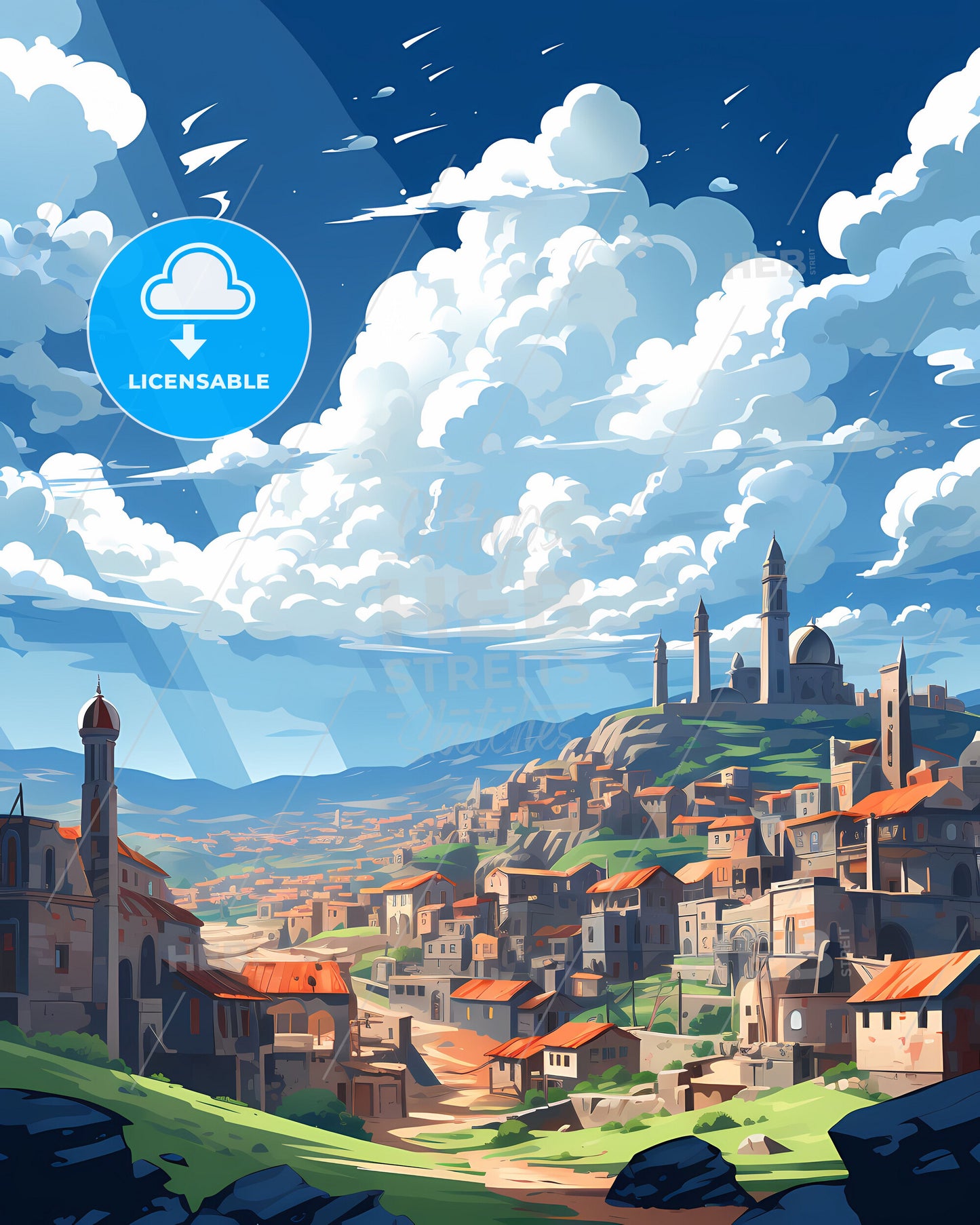 Cartoon Town Scene Colorful Painting Daraa Syria Cityscape