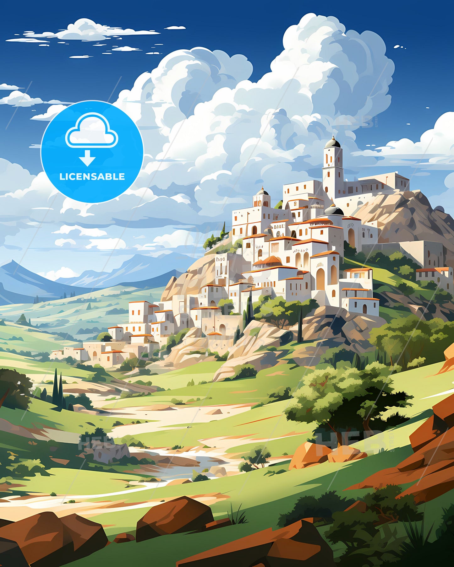 Vibrant Art Painting of a Skyline Landscape in Daraa, Syria with a Hilltop Town Focus