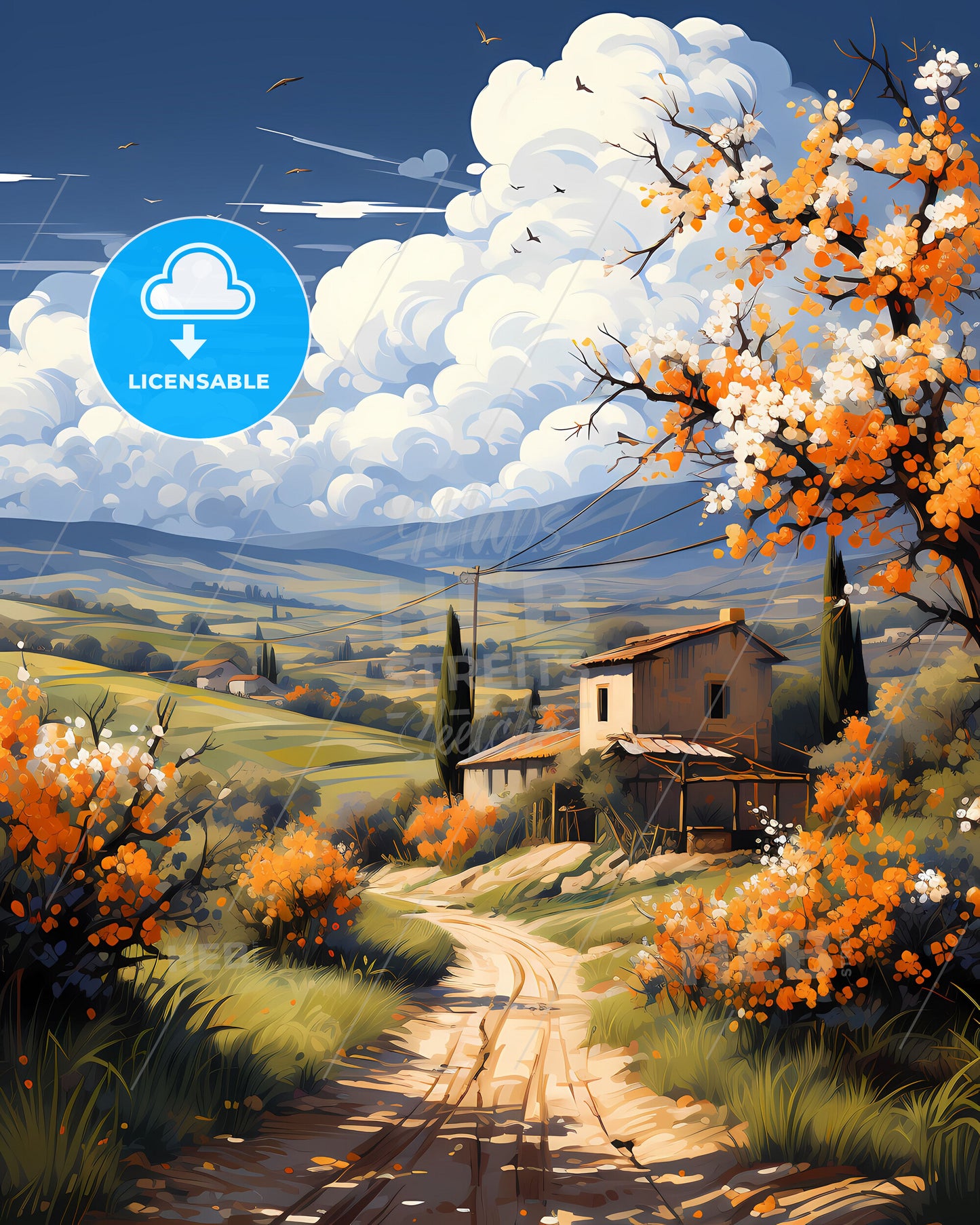 Daraa Syria Skyline Painting Colorful Vivid Valley Art House Road Landscape