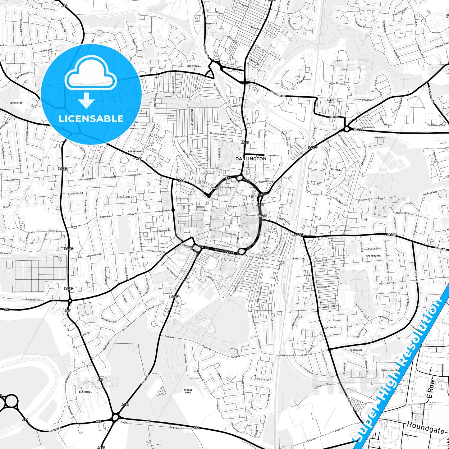 Darlington, England Light Map with Street Names, City Names, and Districts