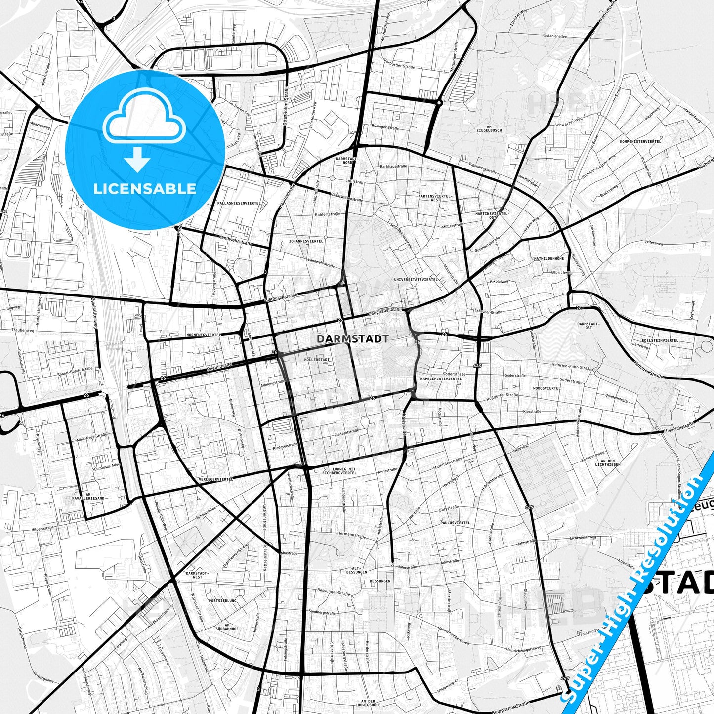 Darmstadt, Germany Light Map with Street Names, City Names, and Districts