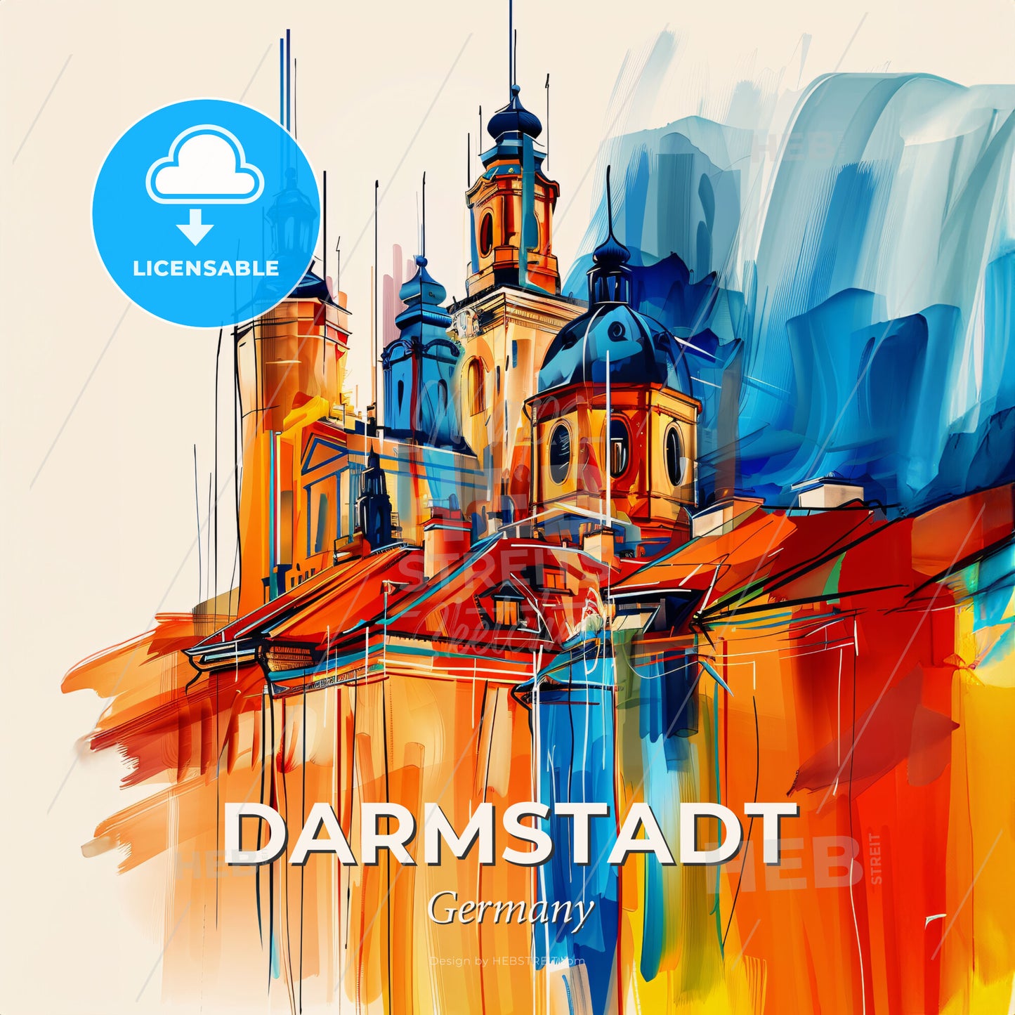 Vibrant Darmstadt, Germany - A Painting Of A Building With Towers - Square format print template