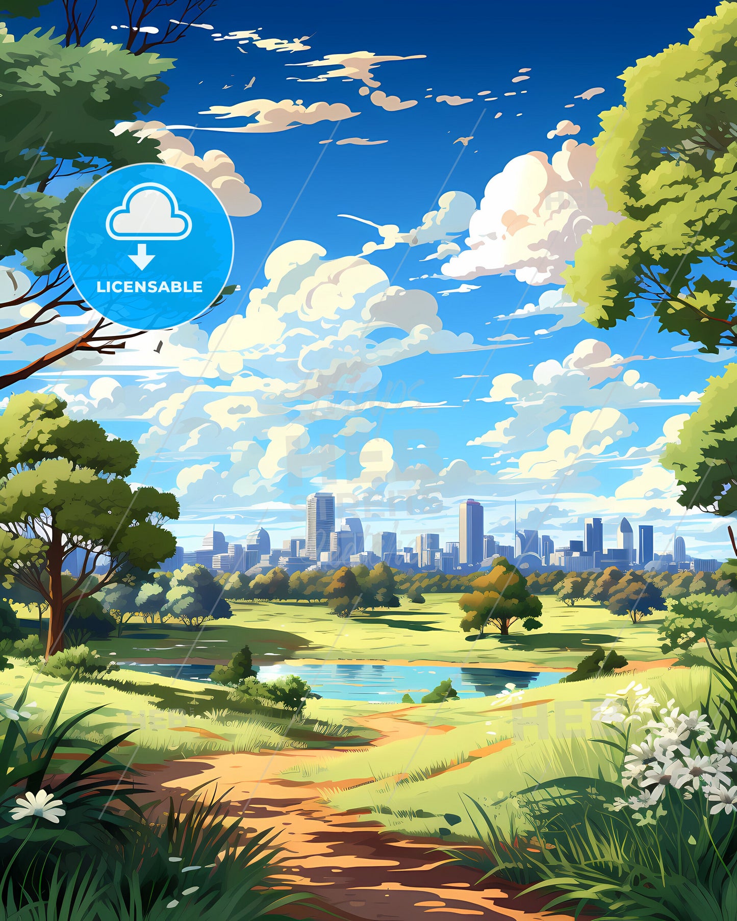 Landscape Painting of Darwin Australia City Skyline with River and Trees