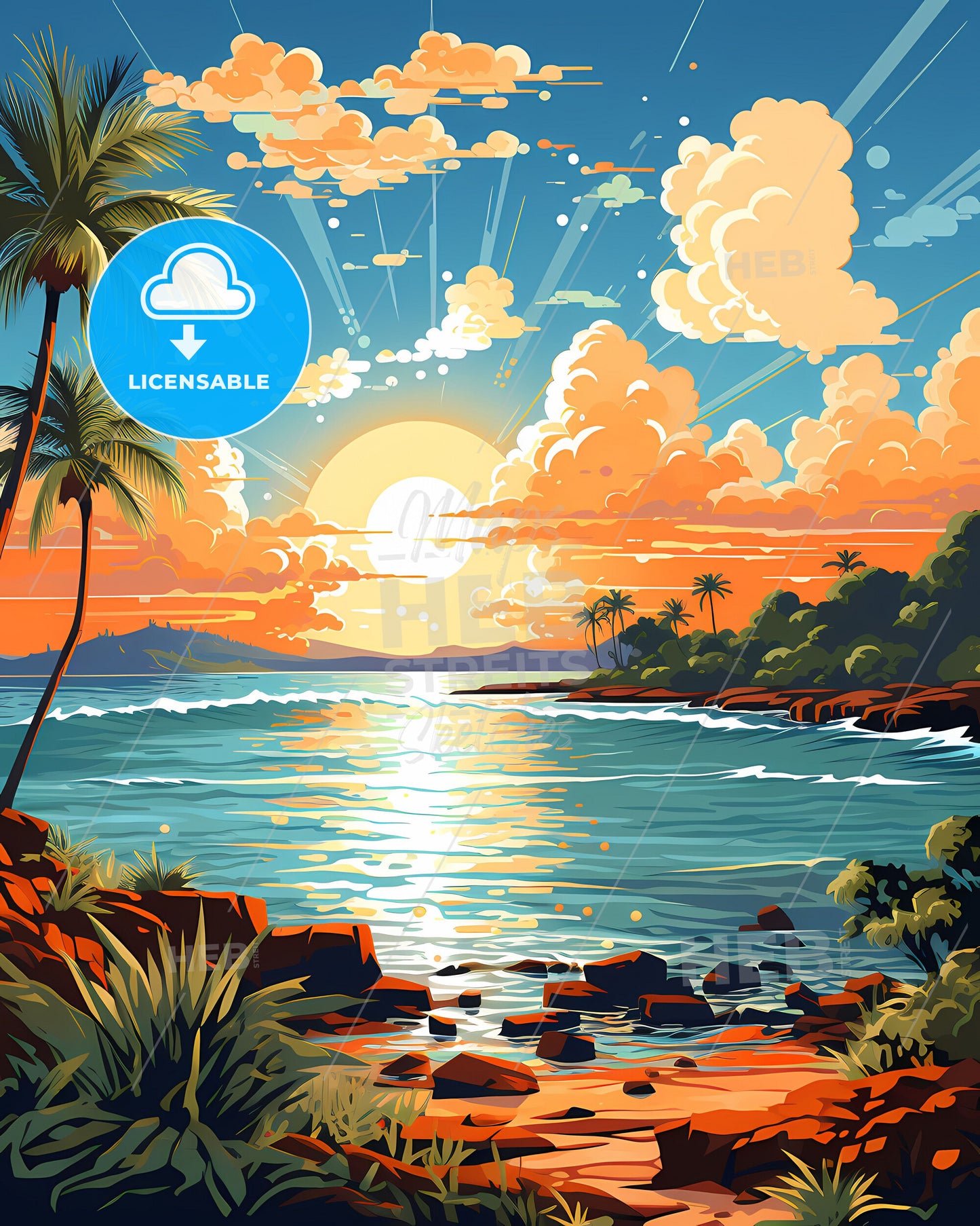 Vibrant Tropical Sunset Artwork Depicting Darwin Australia Skyline