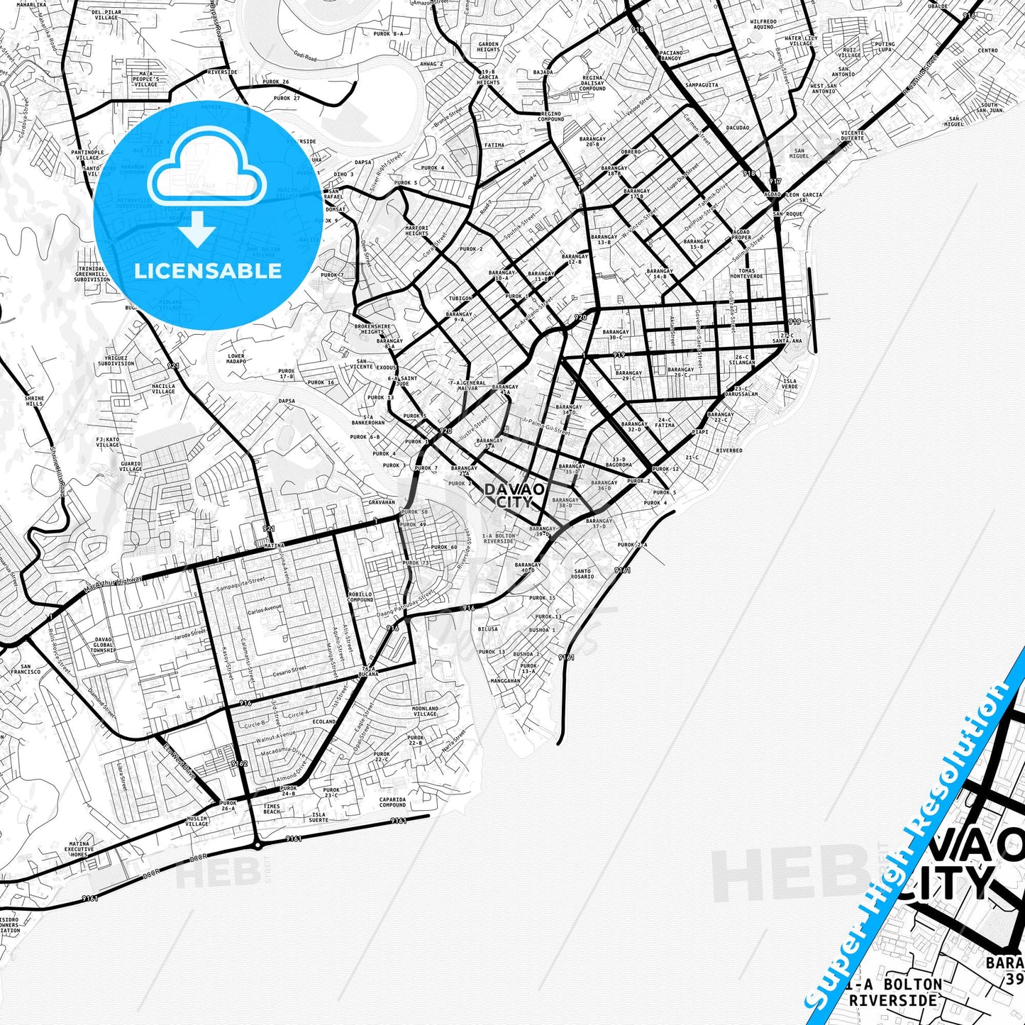 Davao City, Philippines Light Map with Street Names, City Names, and Districts