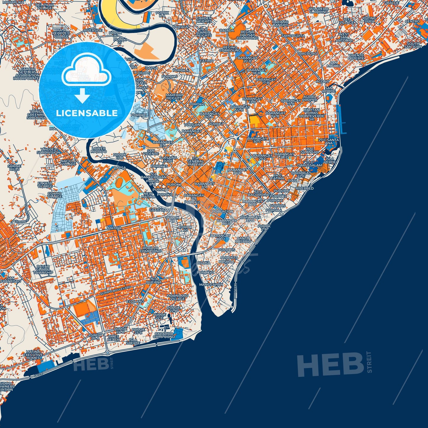 Colorful Davao City Street Map with Labels and Buildings
