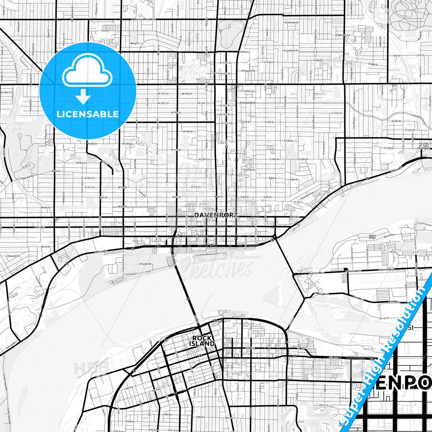 Davenport, Iowa Light Map with Street Names, City Names, and Districts