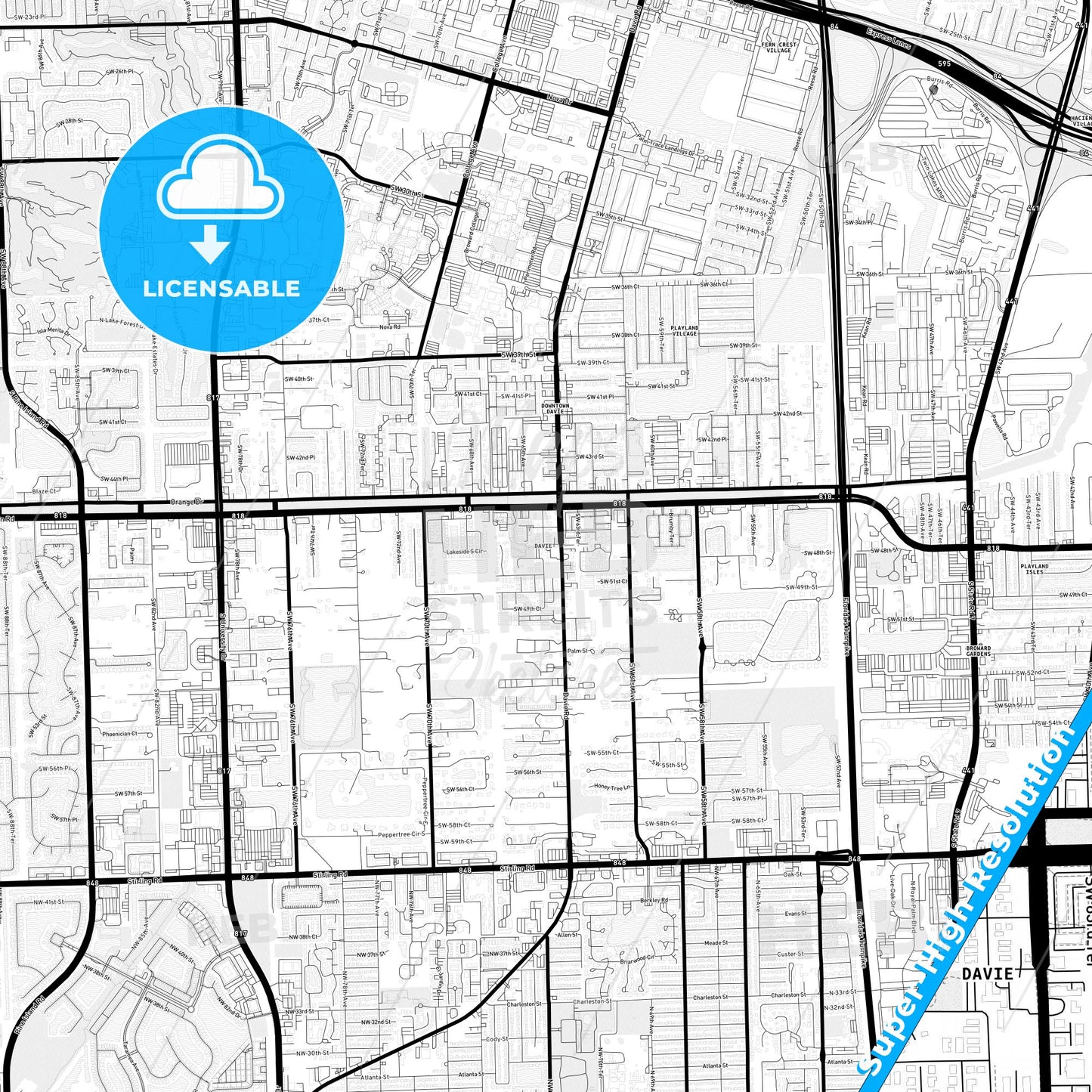 Davie, Florida Light Map with Street Names, City Names, and Districts