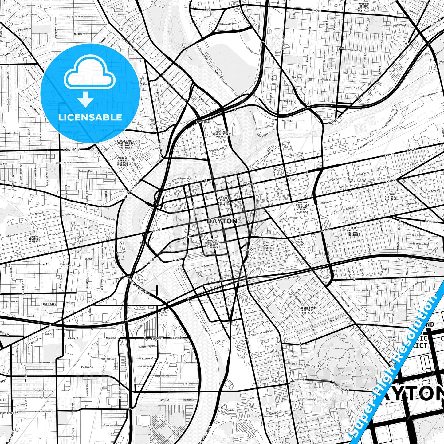 Dayton, Ohio Light Map with Street Names, City Names, and Districts