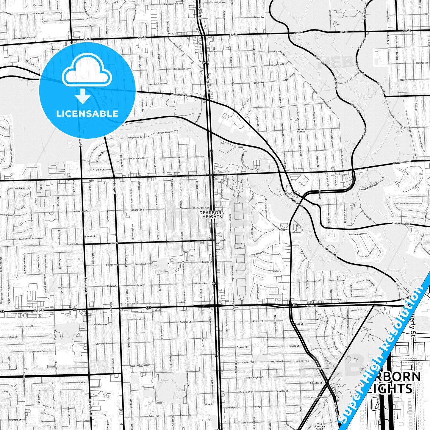 Dearborn Heights, Michigan Light Map with Street Names, City Names, and Districts
