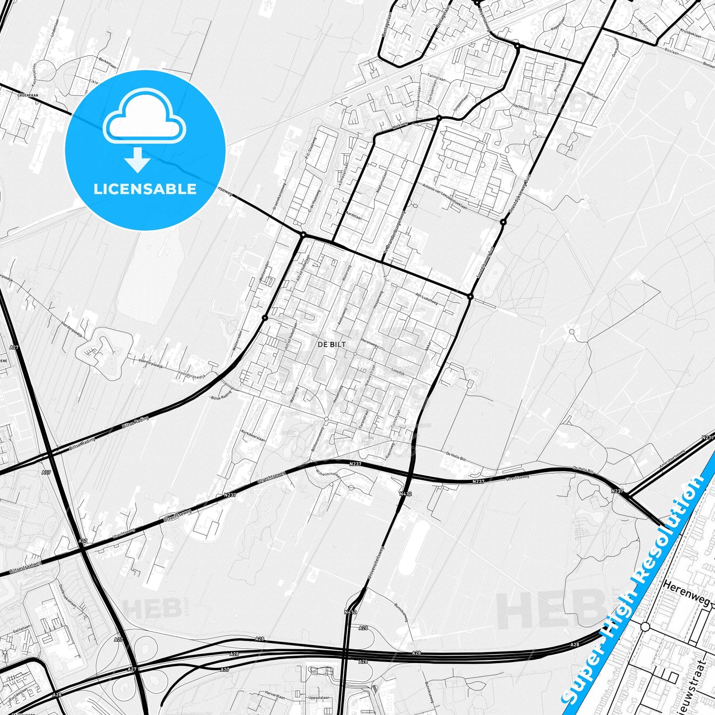 De Bilt, Netherlands Light Map with Street Names, City Names, and Districts
