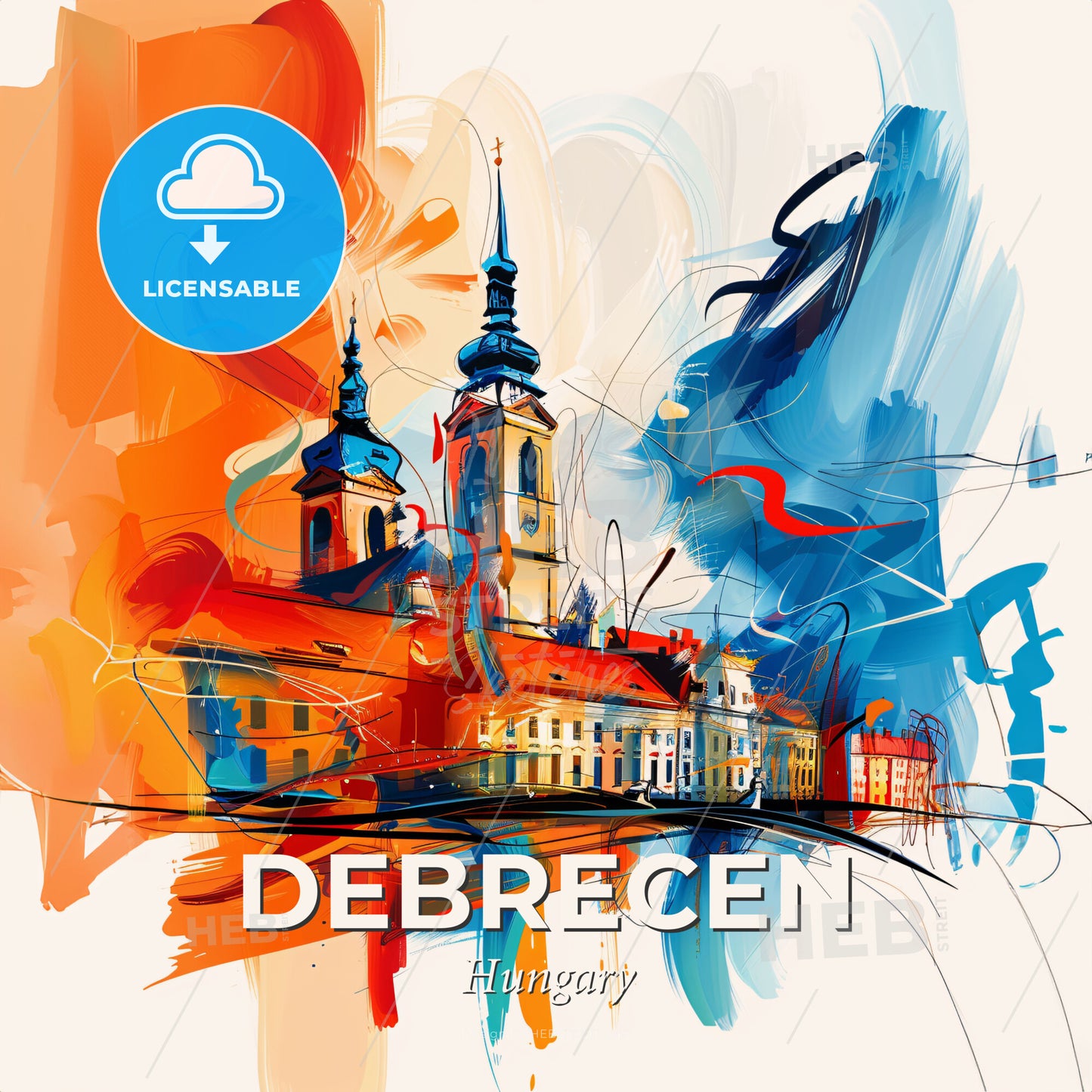 Vibrant Debrecen, Hungary - A Painting Of A Building - Square format print template