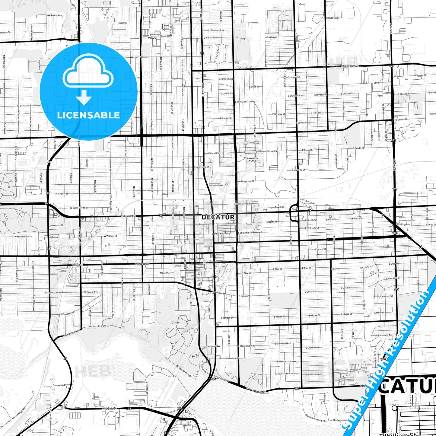 Decatur, Illinois Light Map with Street Names, City Names, and Districts