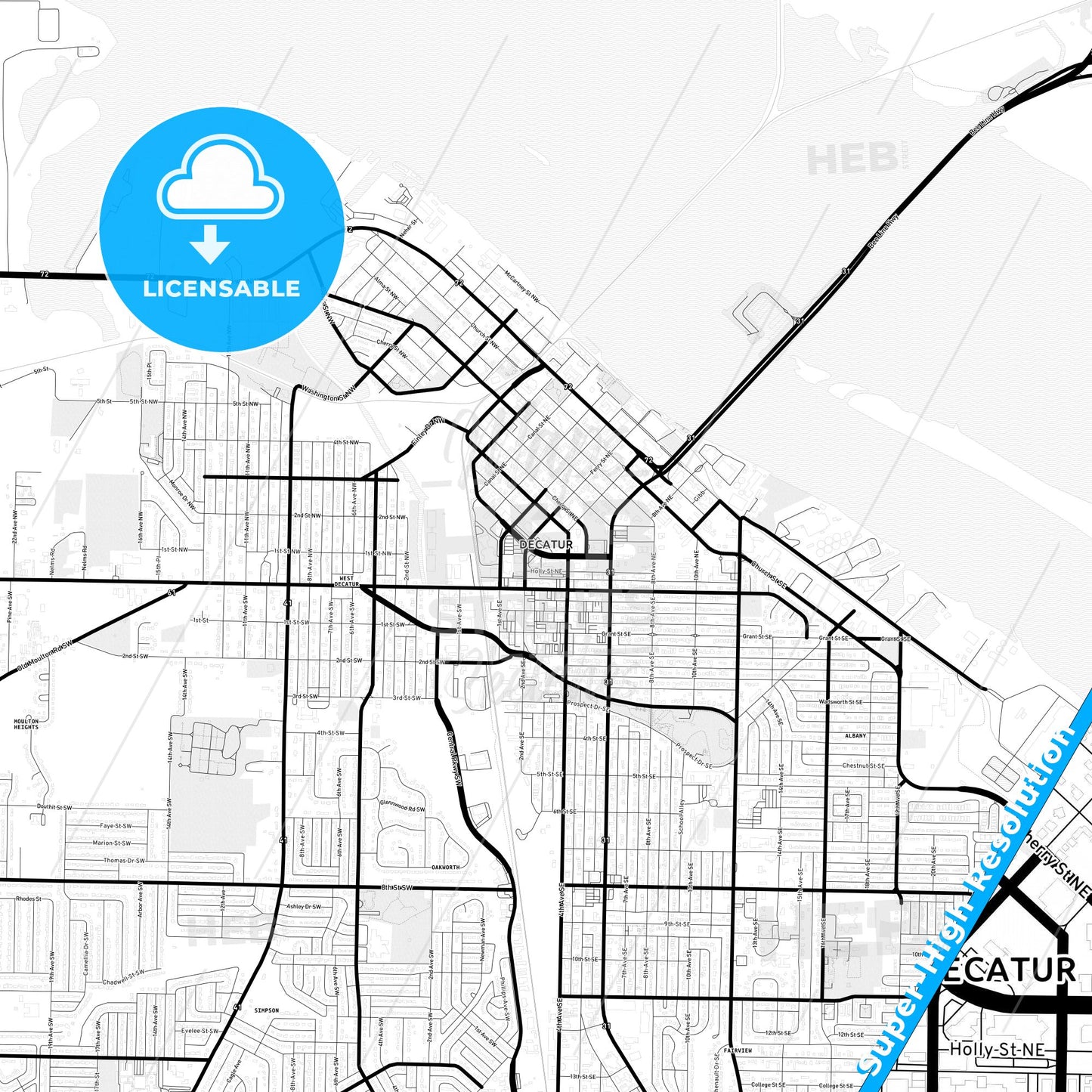 Decatur, Alabama Light Map with Street Names, City Names, and Districts