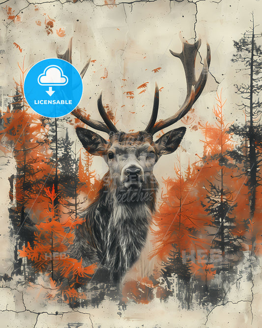 Intricate Baroque Deer Painting: Vibrant Artwork Depicting Stag in Forest with Dynamic Composition