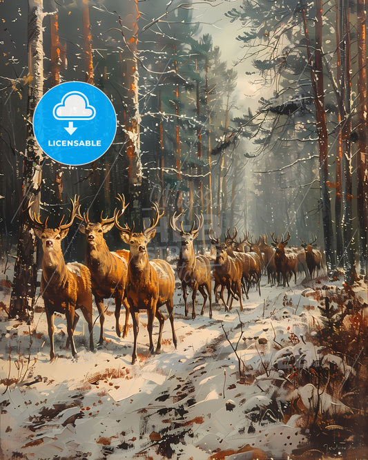Baroque Deer Forest Painting: Intricate Snow Scene with Dynamic Composition