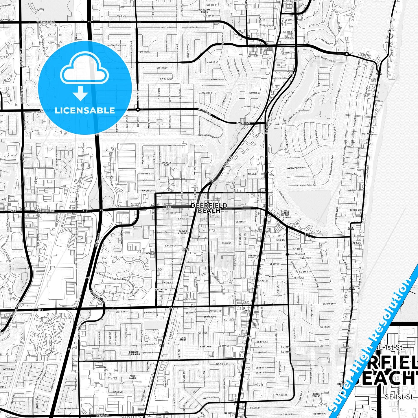 Deerfield Beach, Florida Light Map with Street Names, City Names, and Districts