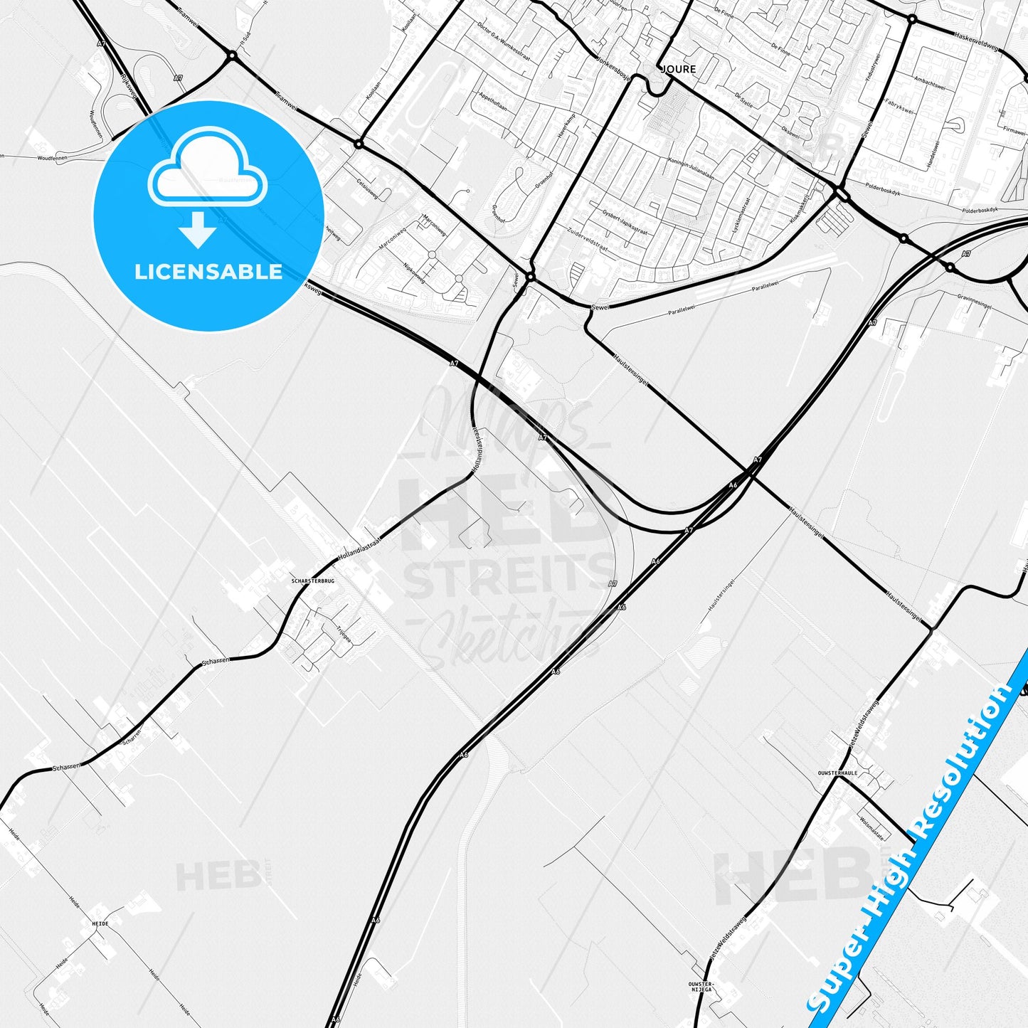 De Fryske Marren, Netherlands Light Map with Street Names, City Names, and Districts