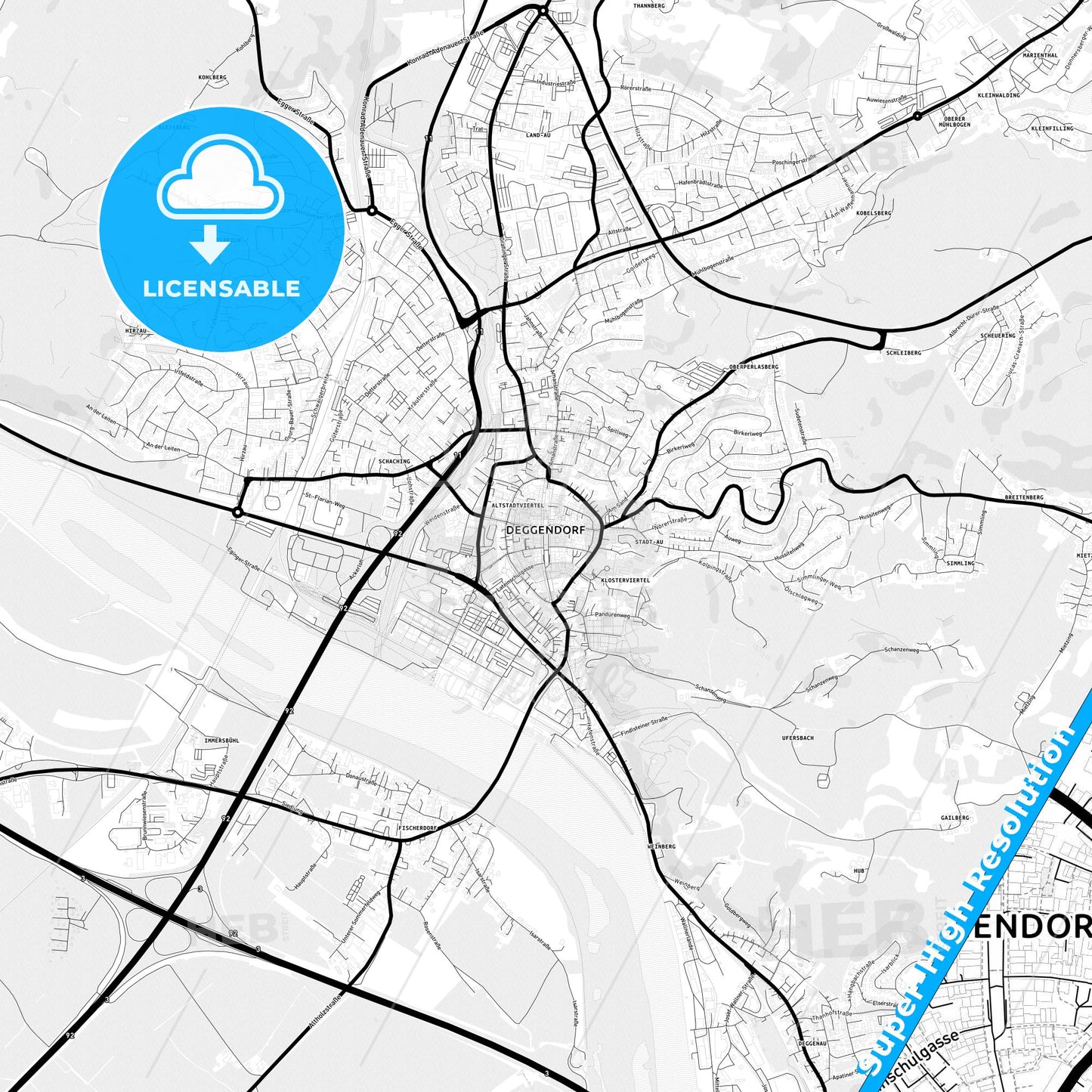 Deggendorf, Germany Light Map with Street Names, City Names, and Districts