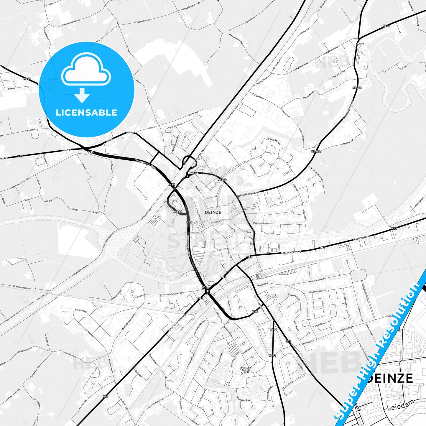 Deinze, Belgium Light Map with Street Names, City Names, and Districts