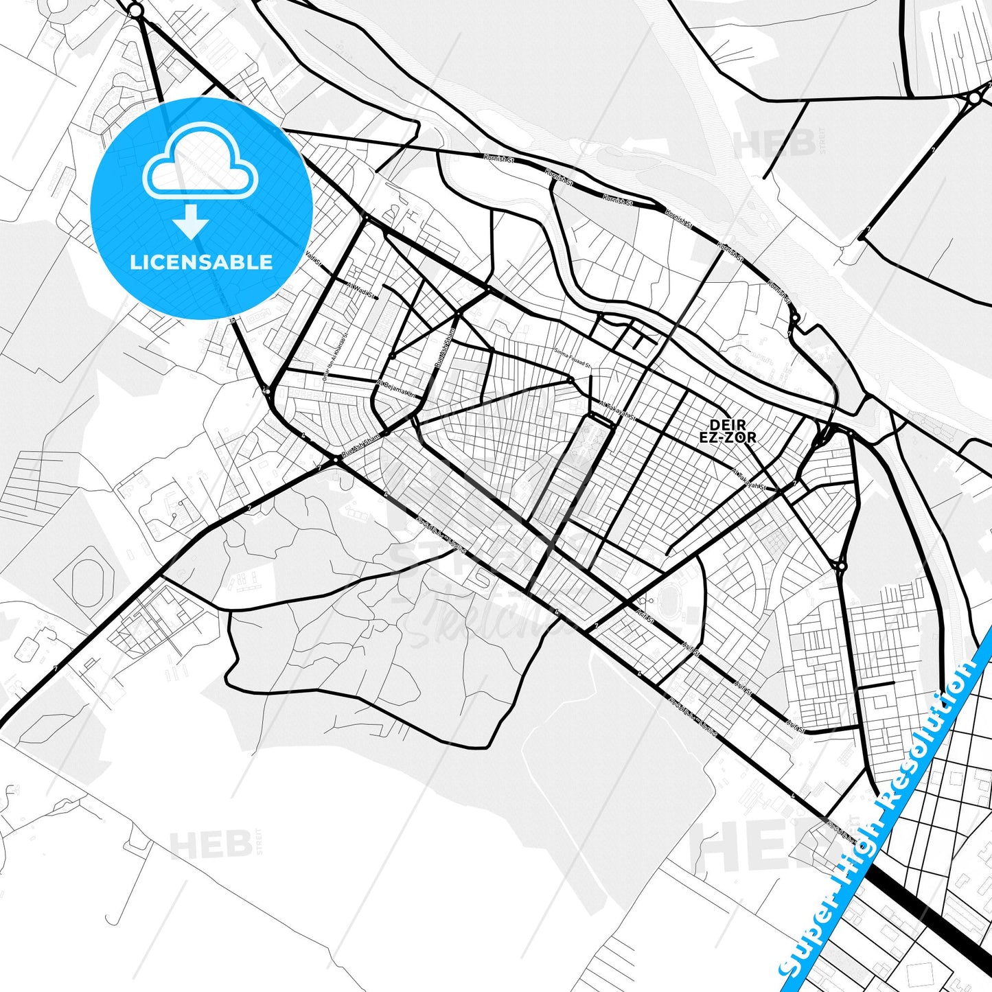 Deir ez-Zor, Syria Light Map with Street Names, City Names, and Districts