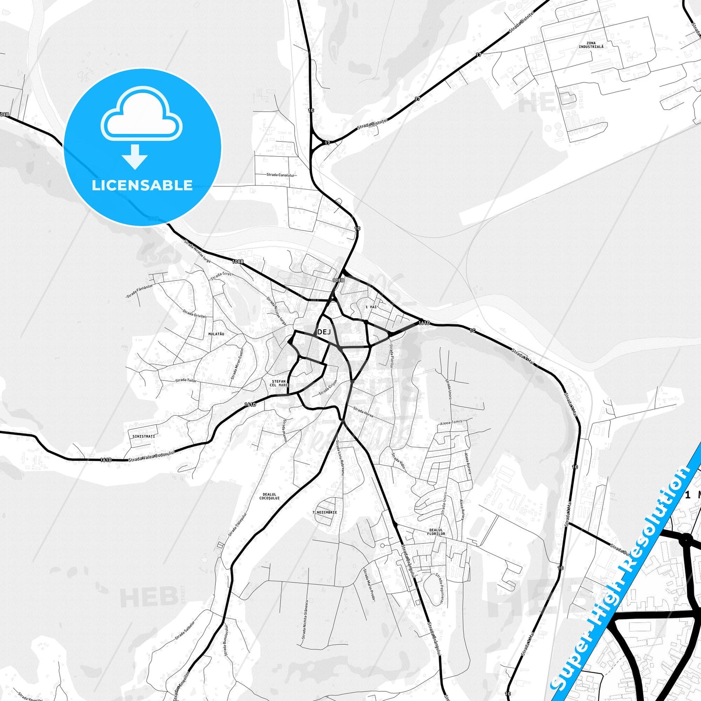 Dej, Romania Light Map with Street Names, City Names, and Districts