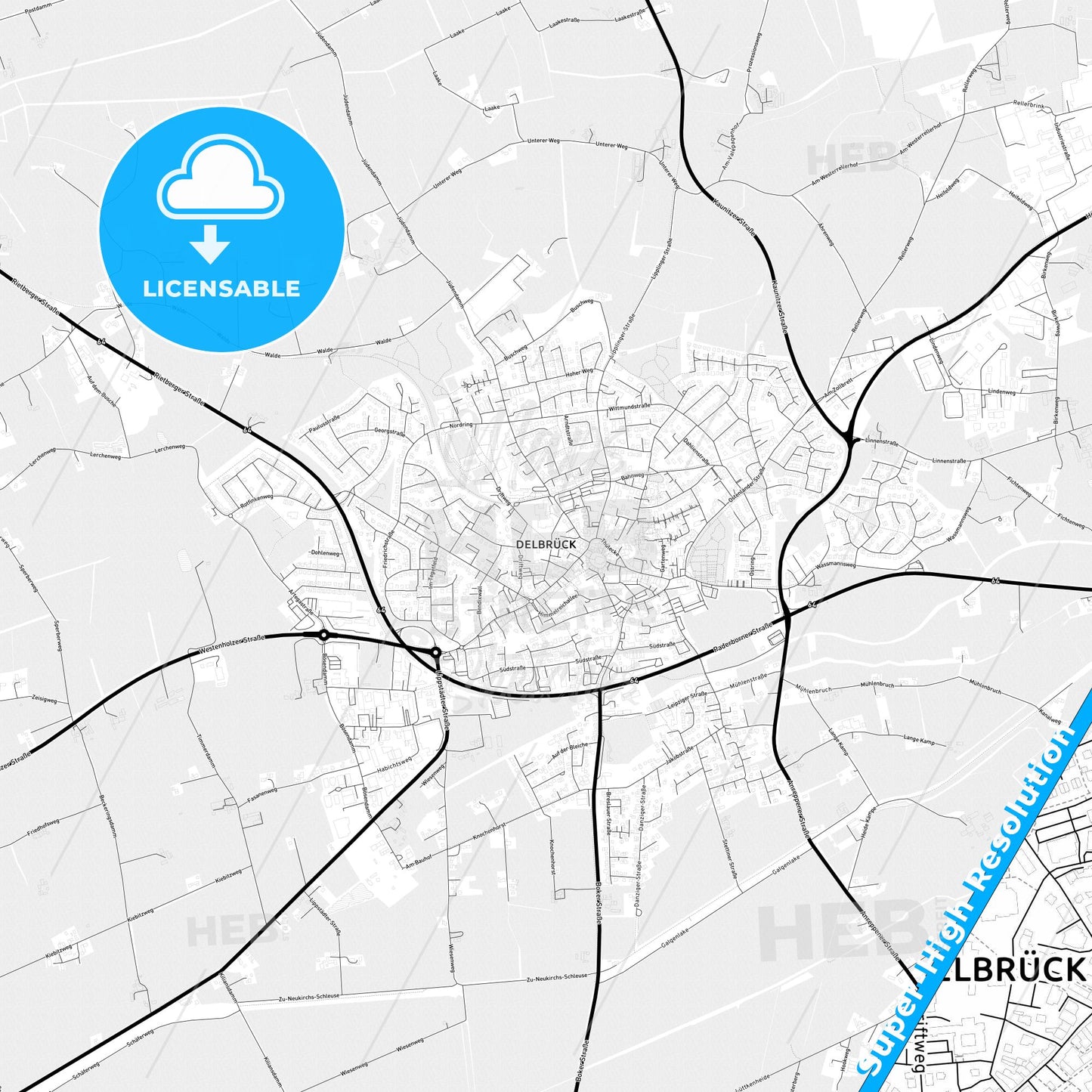 Delbruck, Germany Light Map with Street Names, City Names, and Districts