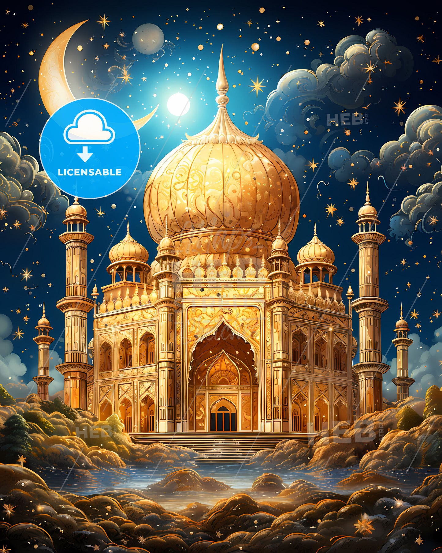 Golden Dome City Skyline Painting India Art Moon