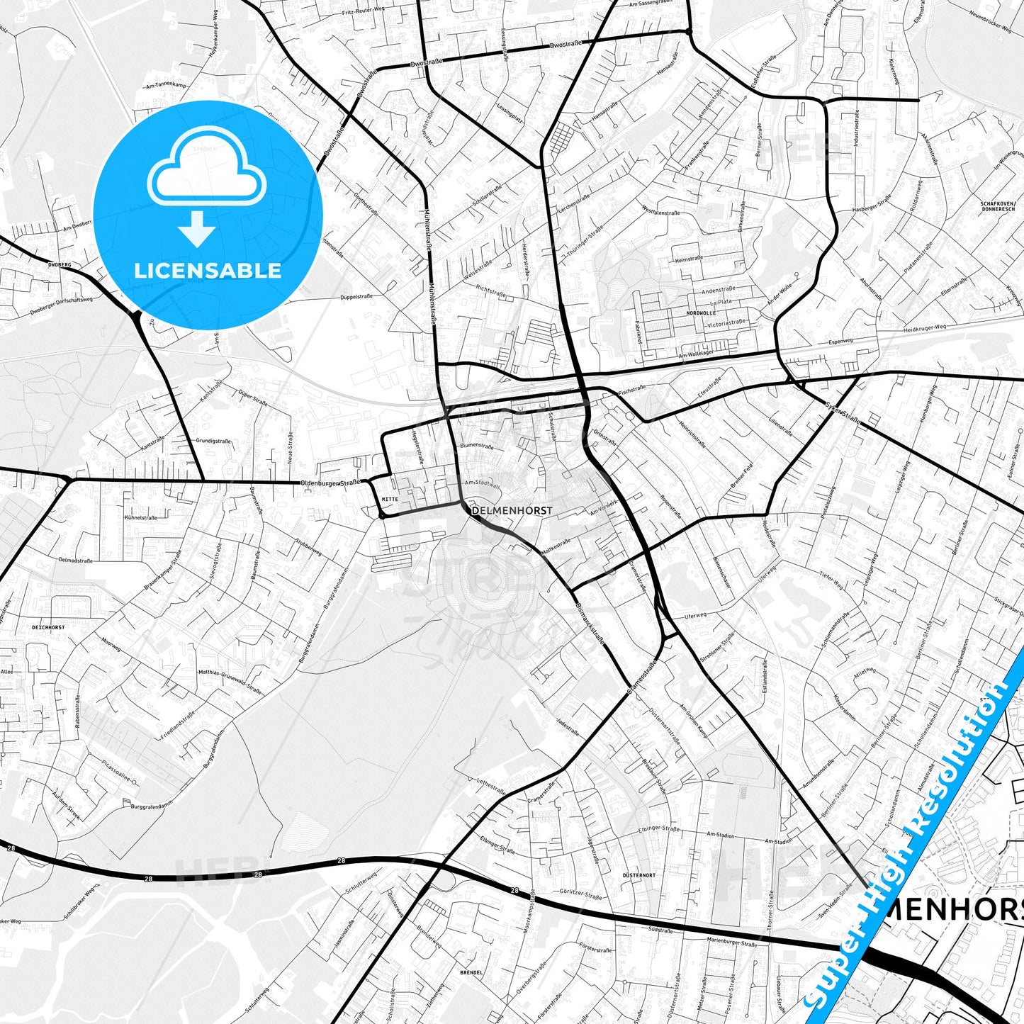 Delmenhorst, Germany Light Map with Street Names, City Names, and Districts