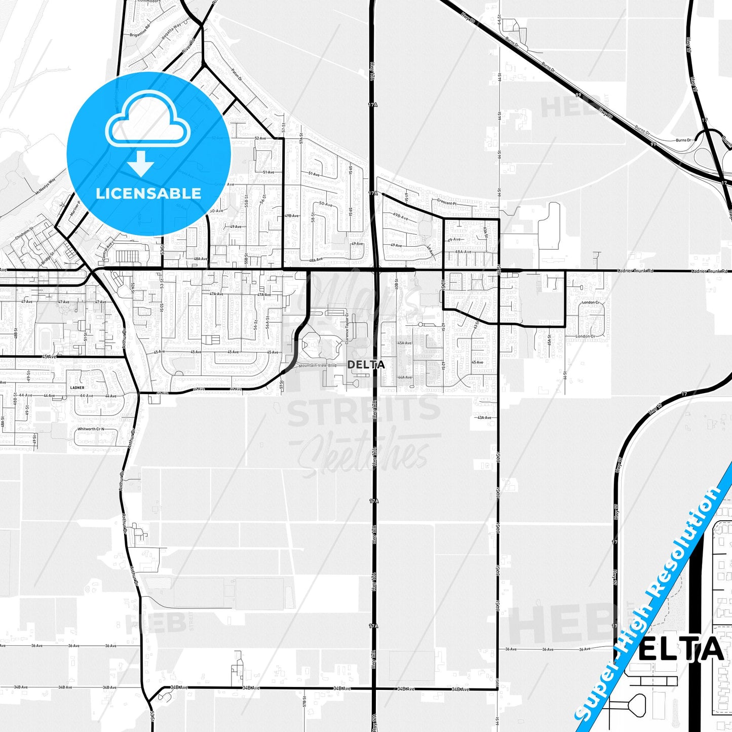 Delta, Canada Light Map with Street Names, City Names, and Districts