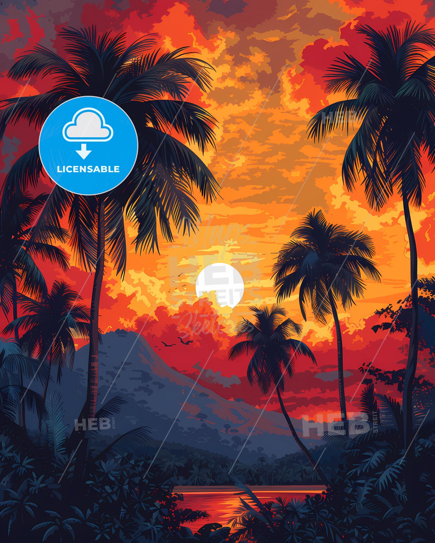 Vibrant African Sunset Painting: Tropical Island Art, Democratic Republic of the Congo