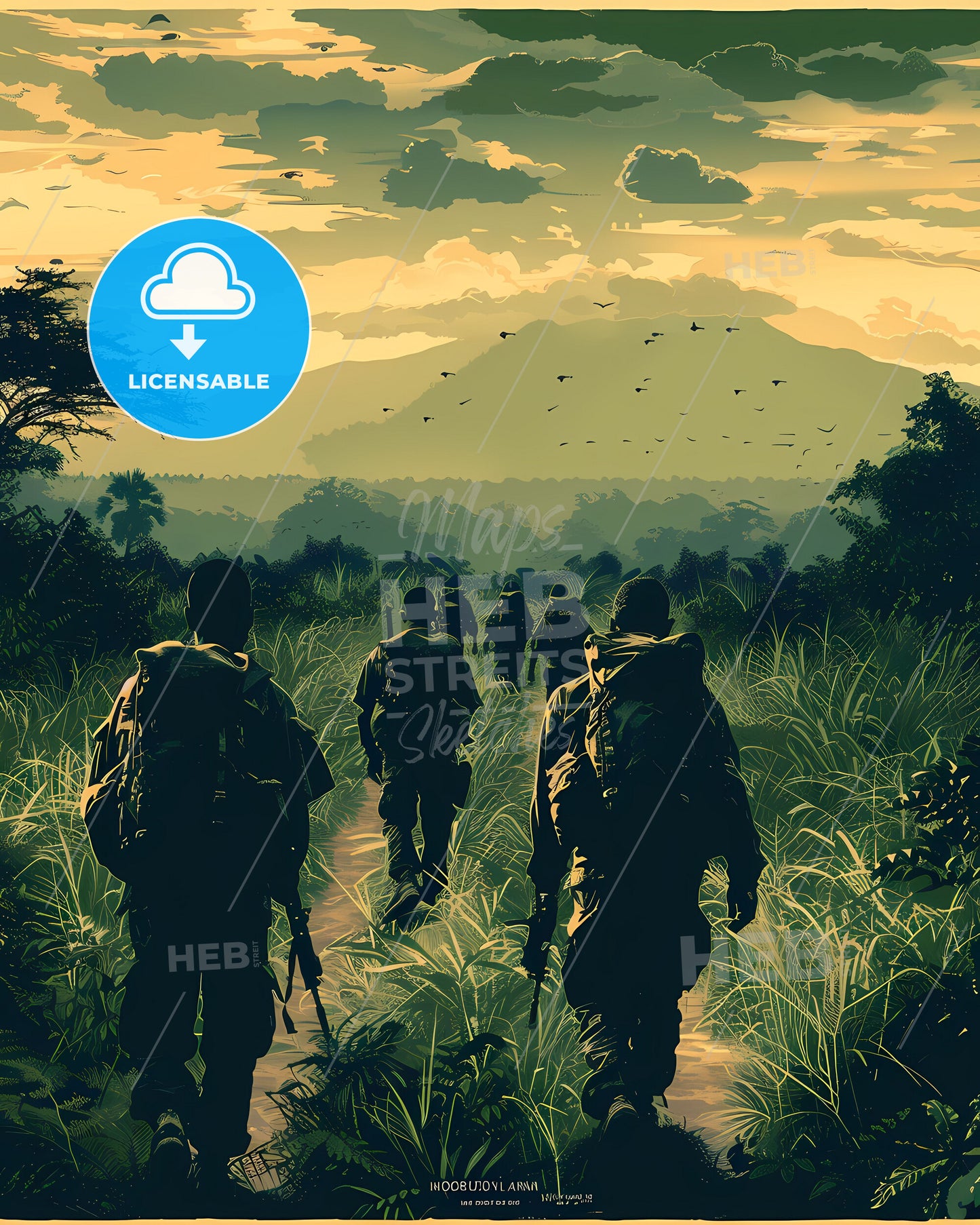 Vibrantly Colorful Painting Featuring People Walking in a Congolese Forest, Africa