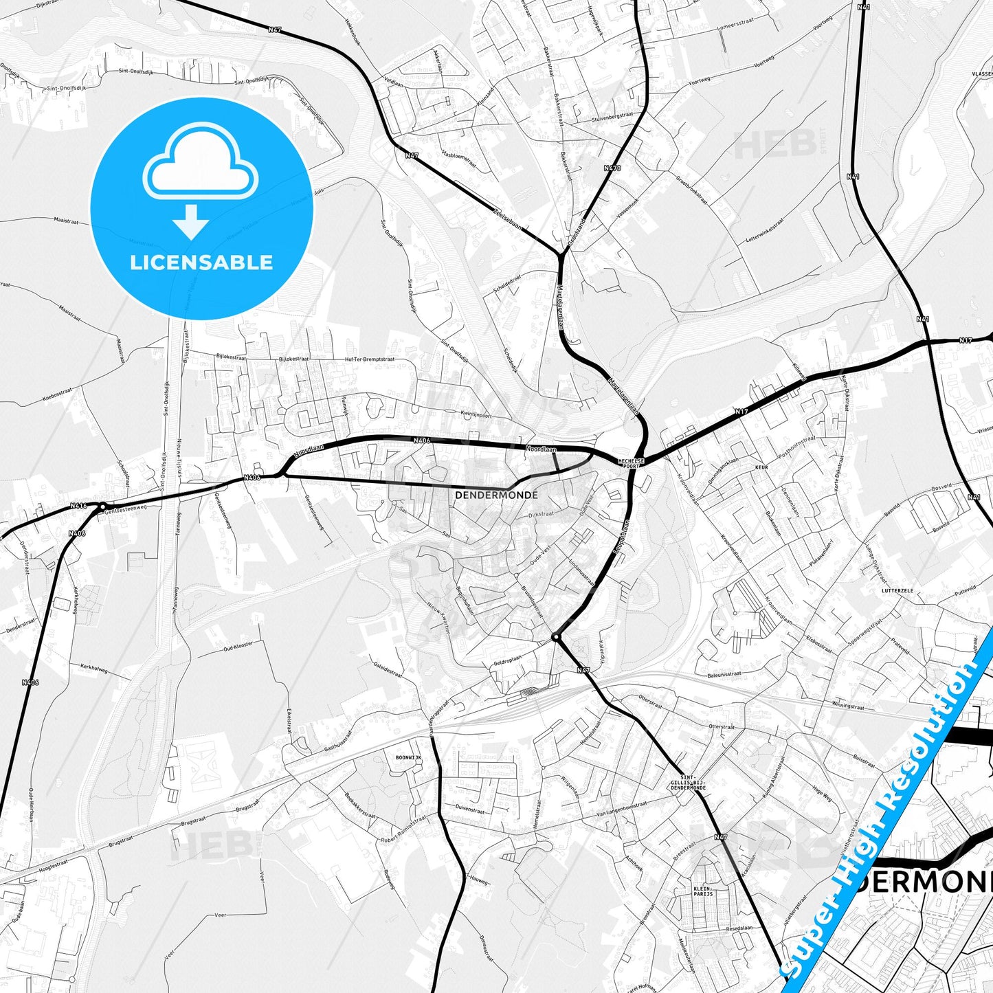 Dendermonde, Belgium Light Map with Street Names, City Names, and Districts