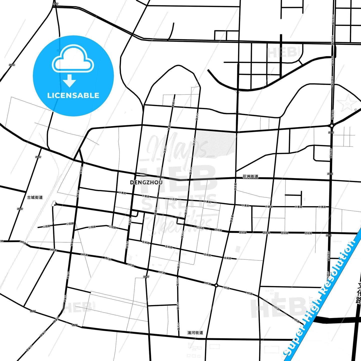 Dengzhou, China Light Map with Street Names, City Names, and Districts