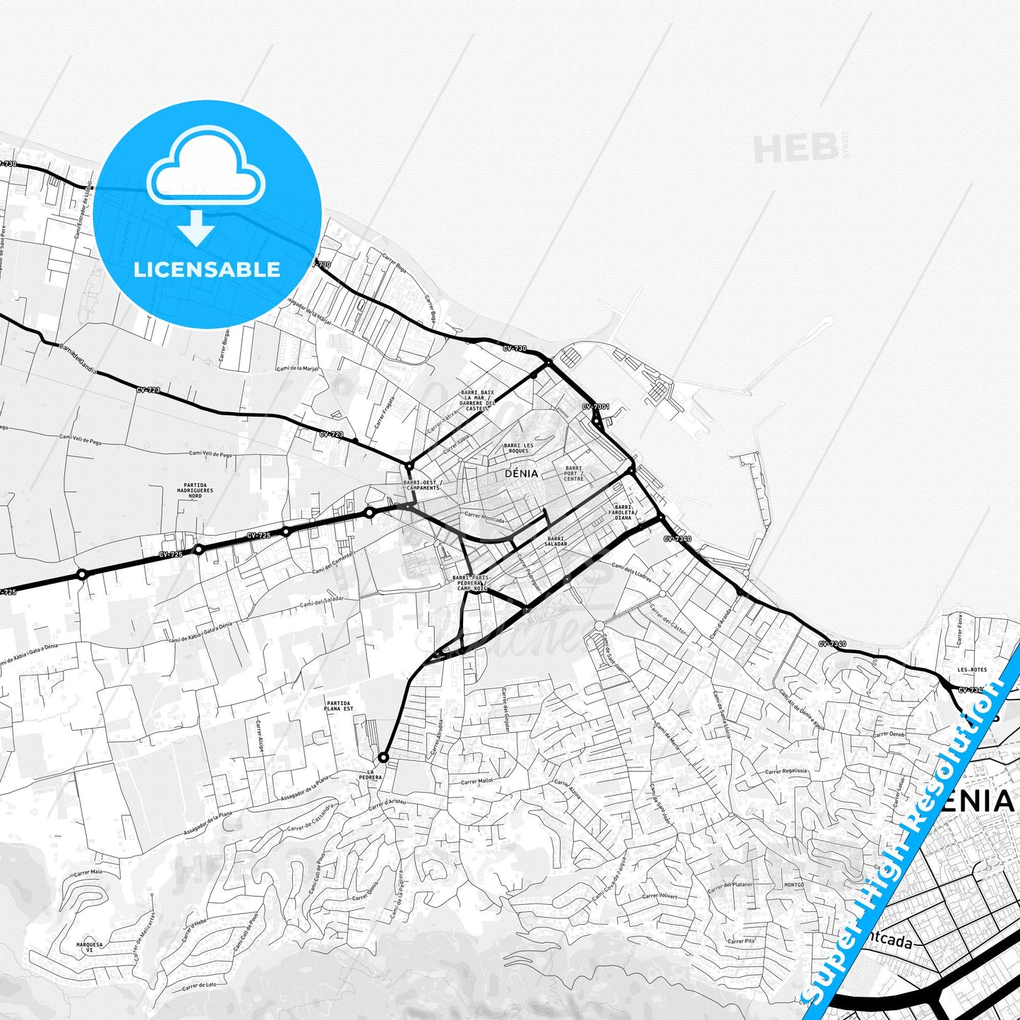 Denia, Spain Light Map with Street Names, City Names, and Districts