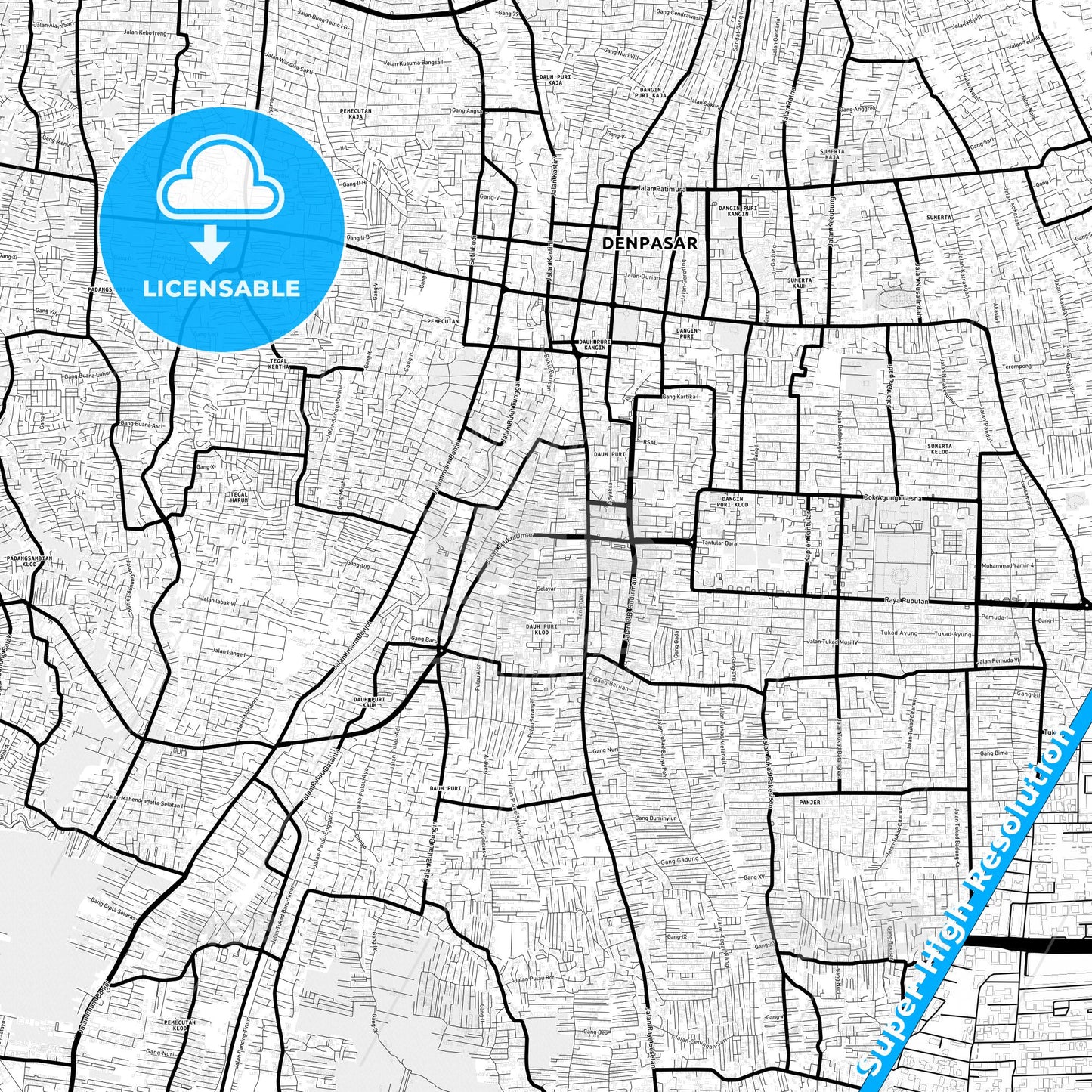 Denpasar, Indonesia Light Map with Street Names, City Names, and Districts