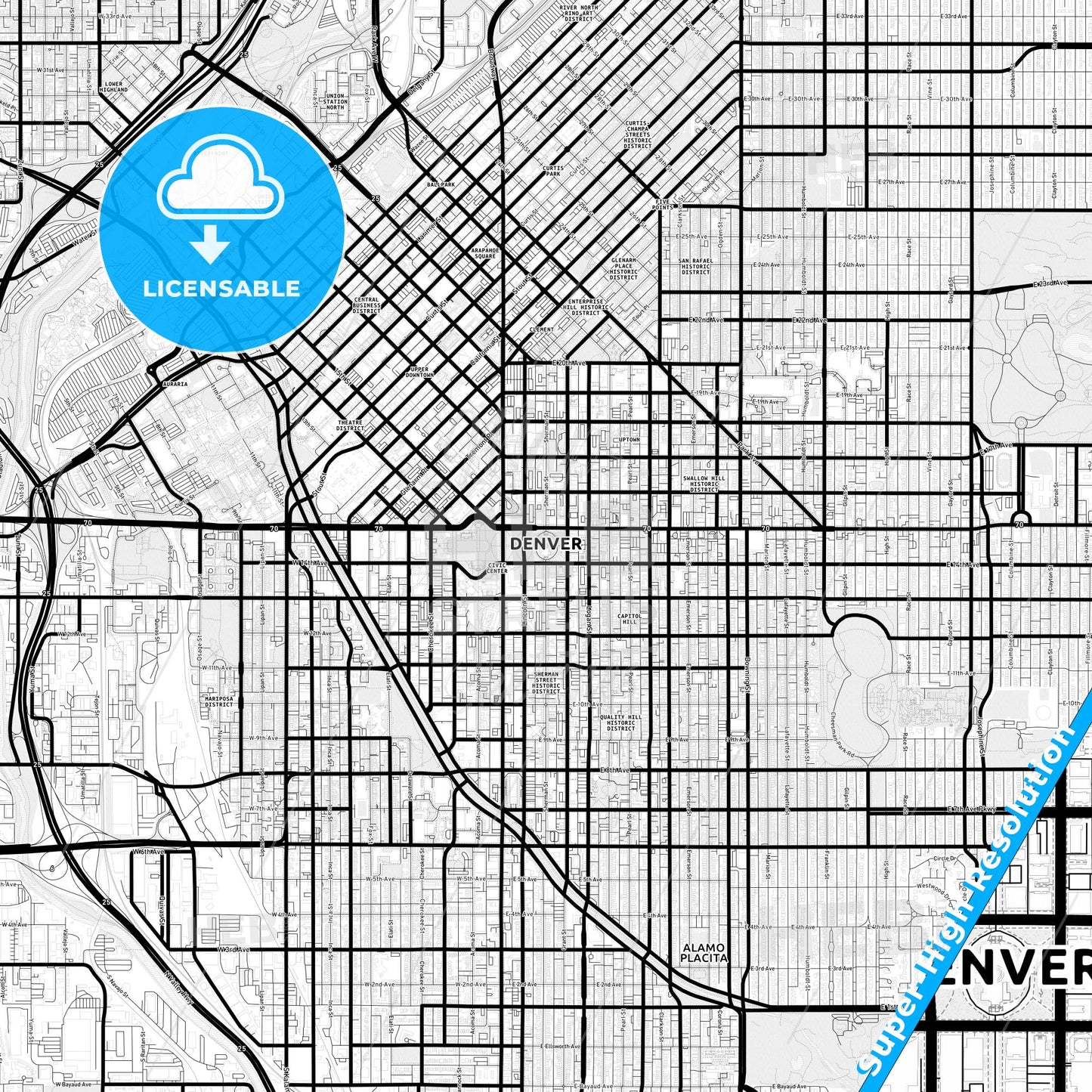 Denver, Colorado Light Map with Street Names, City Names, and Districts
