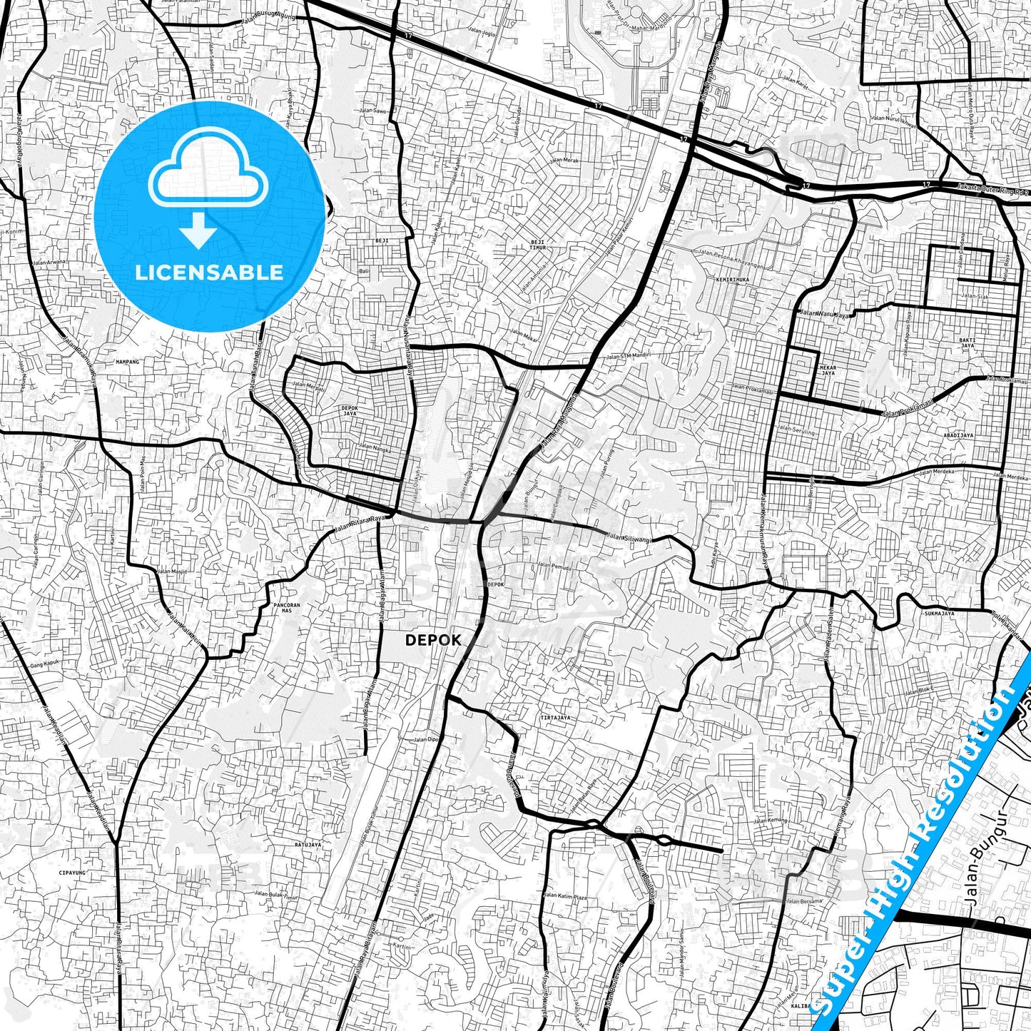 Depok, Indonesia Light Map with Street Names, City Names, and Districts