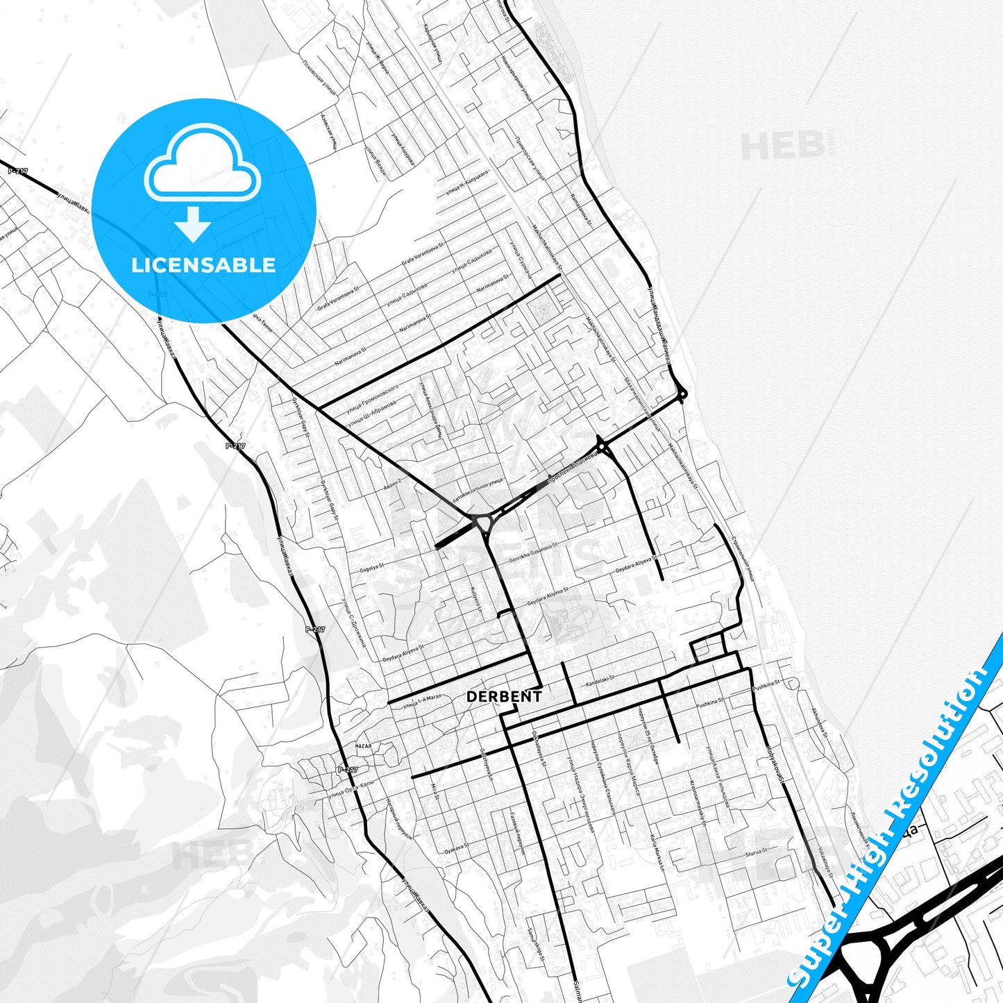 Derbent, Russia Light Map with Street Names, City Names, and Districts