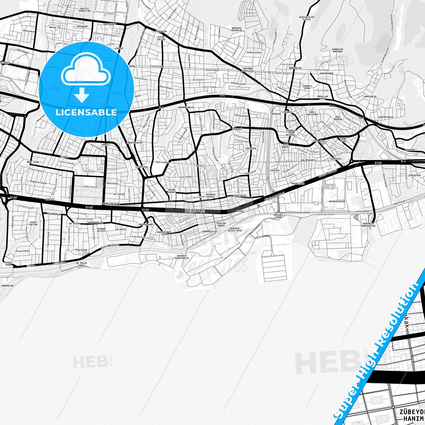 Derince, Turkey Light Map with Street Names, City Names, and Districts