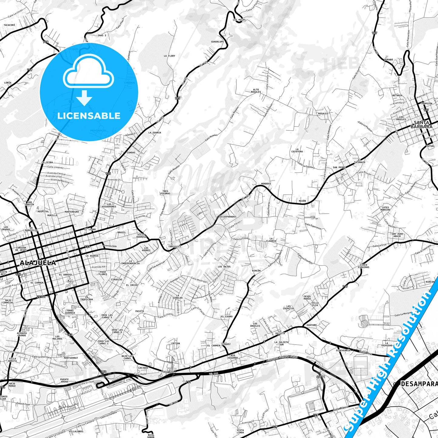 Desamparados, Costa Rica Light Map with Street Names, City Names, and Districts
