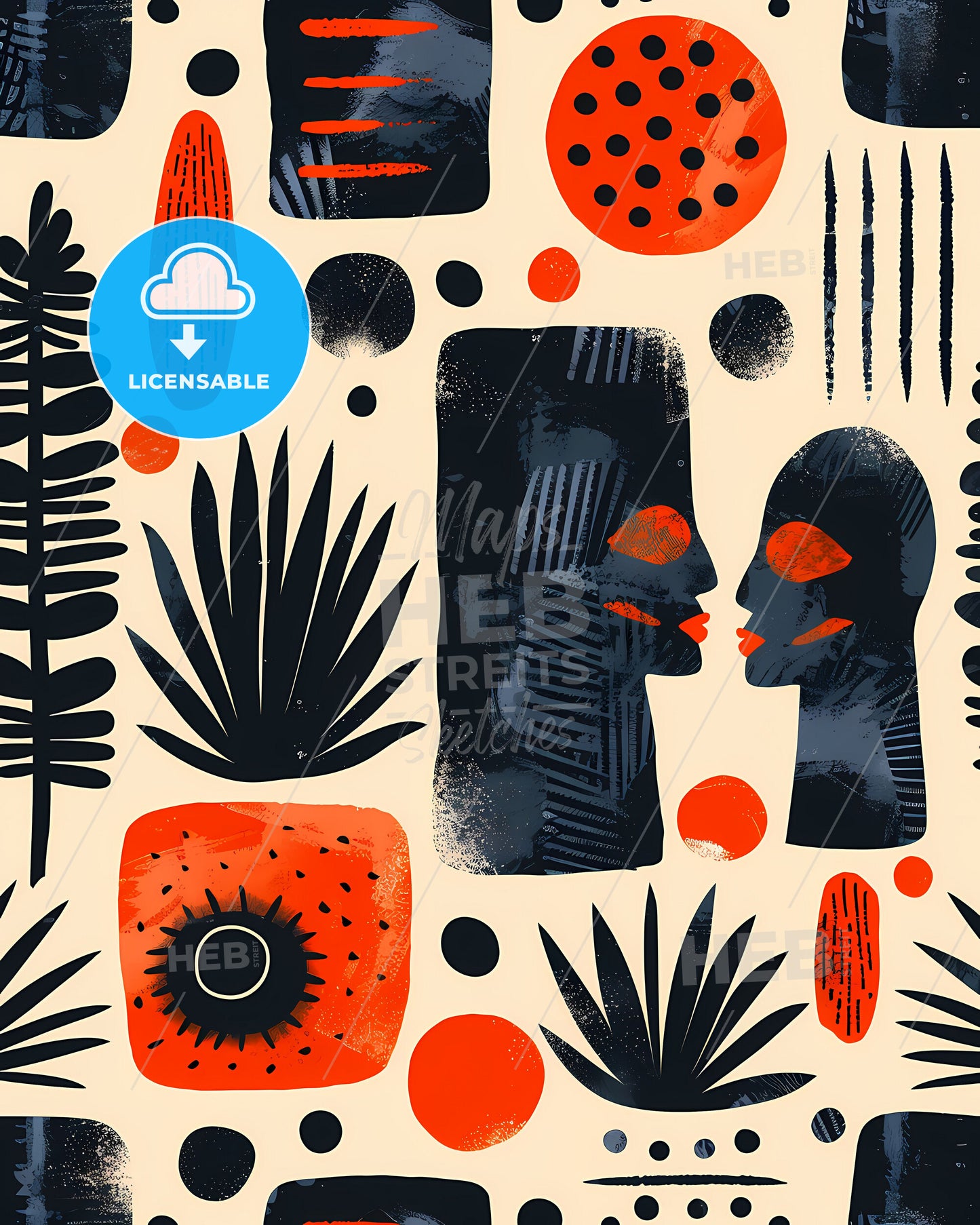 Afrofuturistic tribal pattern in monochrome black and orange, vibrant abstract art with focus on artistic design