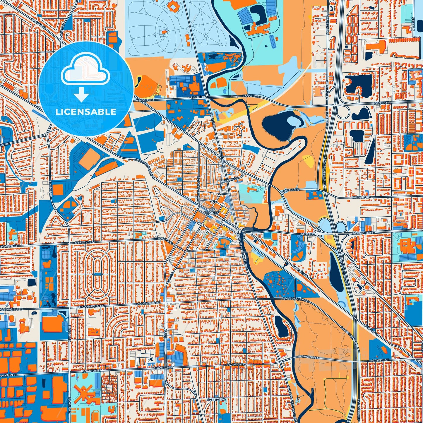 Colorful Des Plaines Street Map with Labels and Buildings