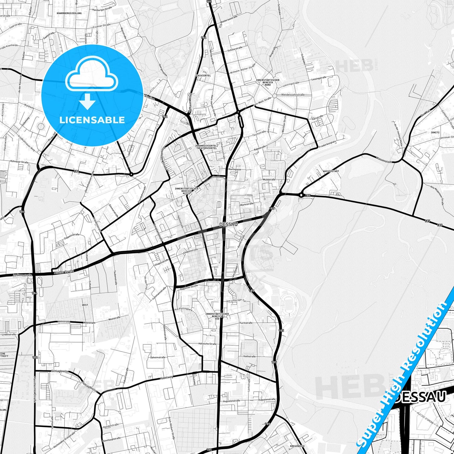 Dessau-Roßlau, Germany Light Map with Street Names, City Names, and Districts