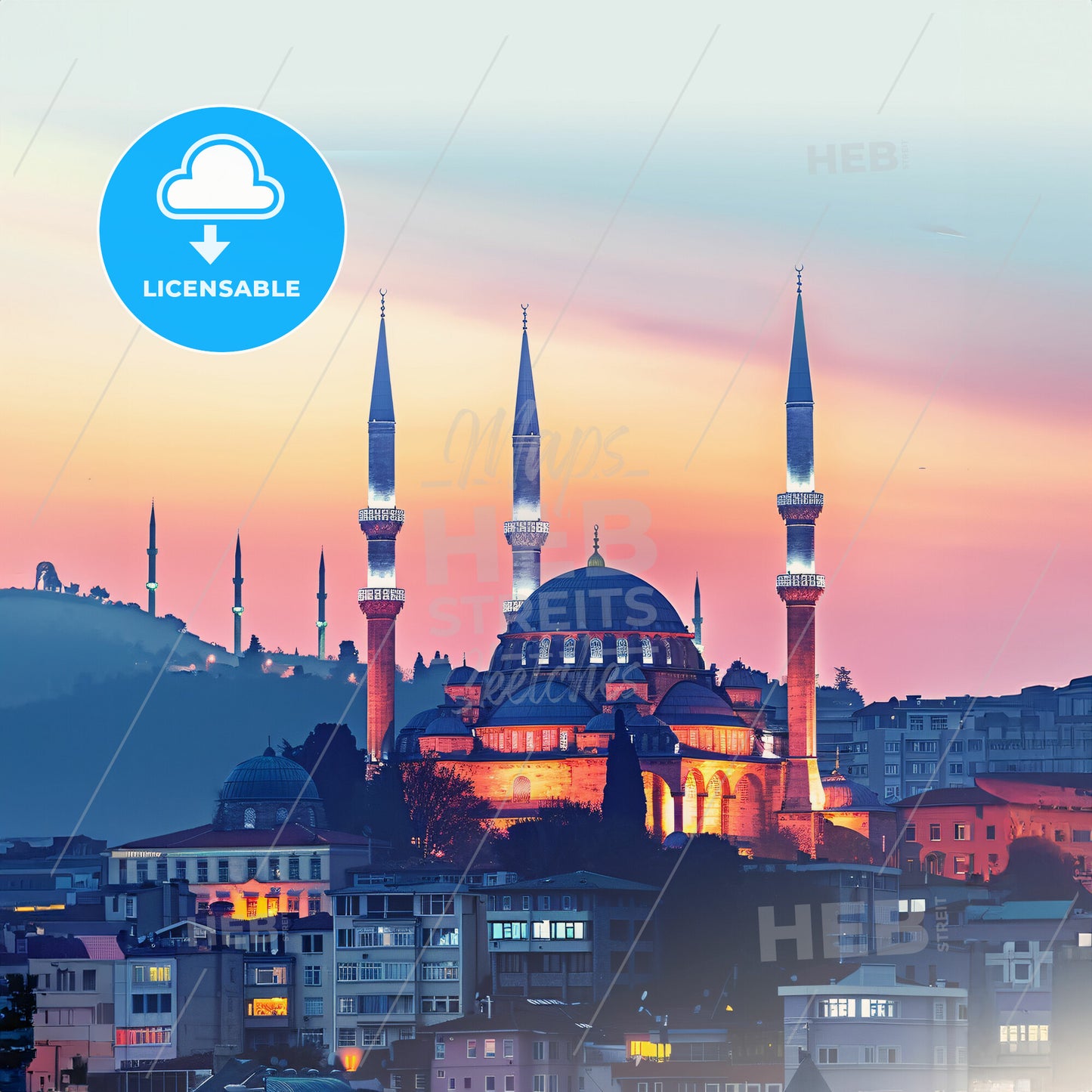 A Large Building With Towers And A City In The Background