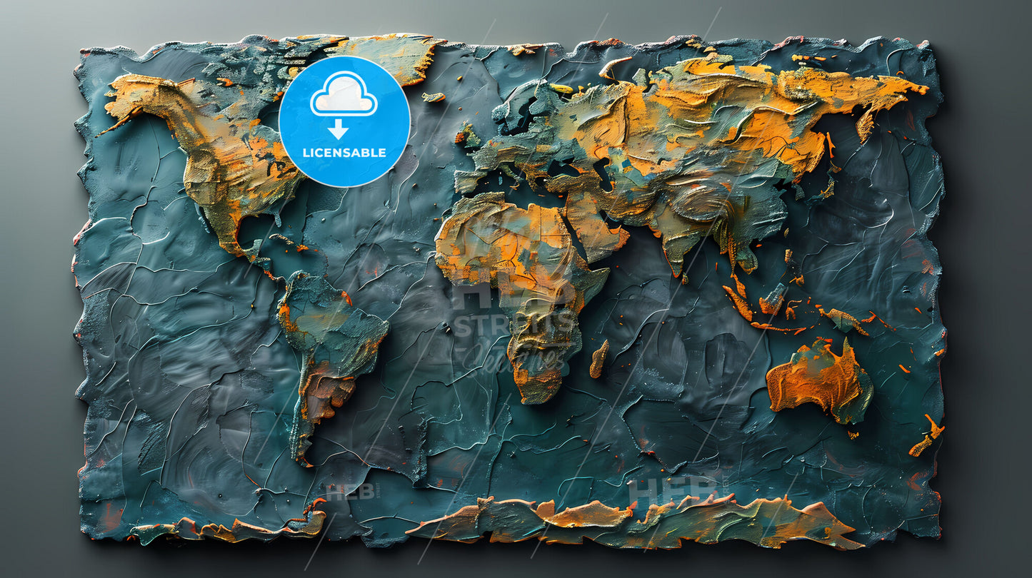 Vibrant, artistic world map with gray background, highlighting geographical details