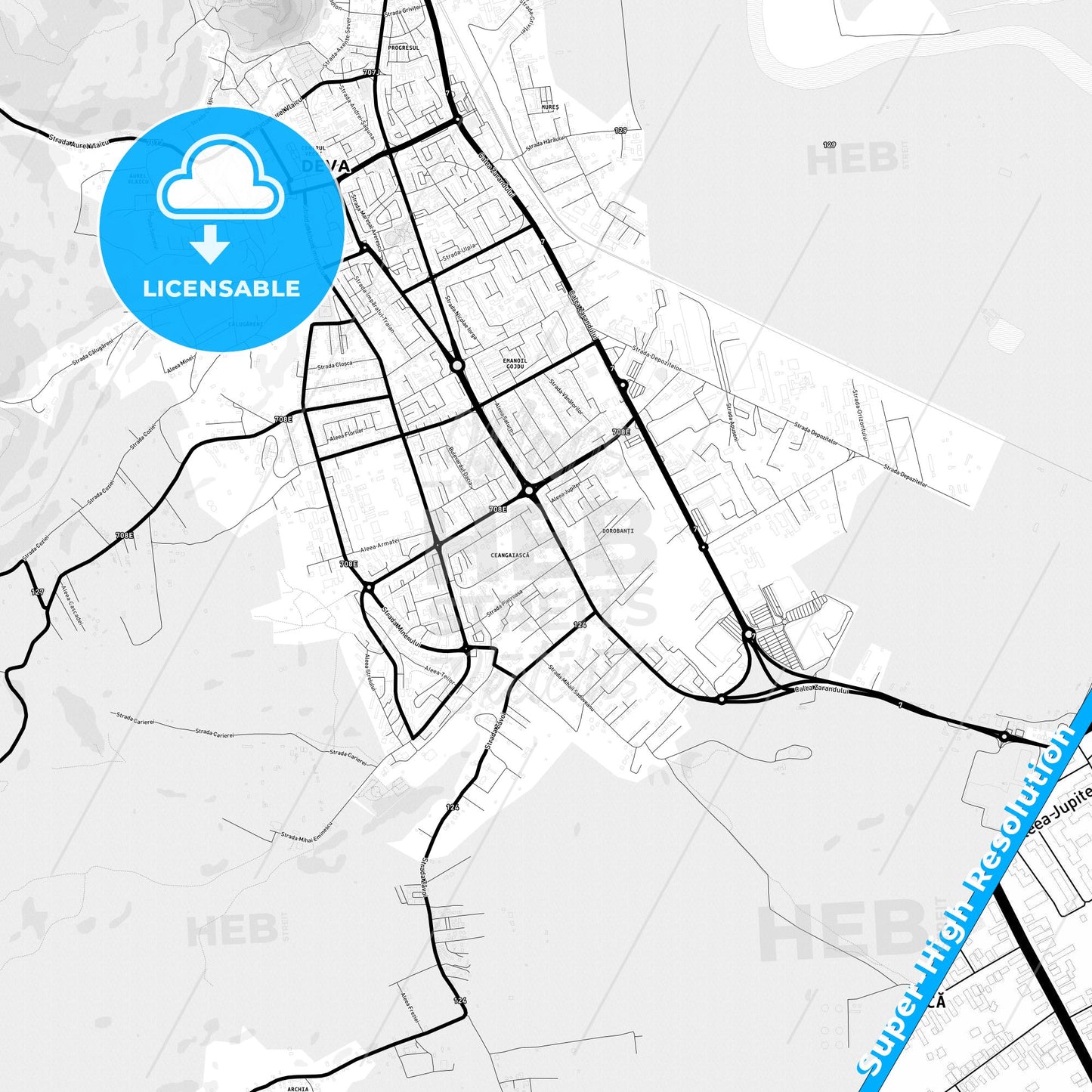 Deva, Romania Light Map with Street Names, City Names, and Districts