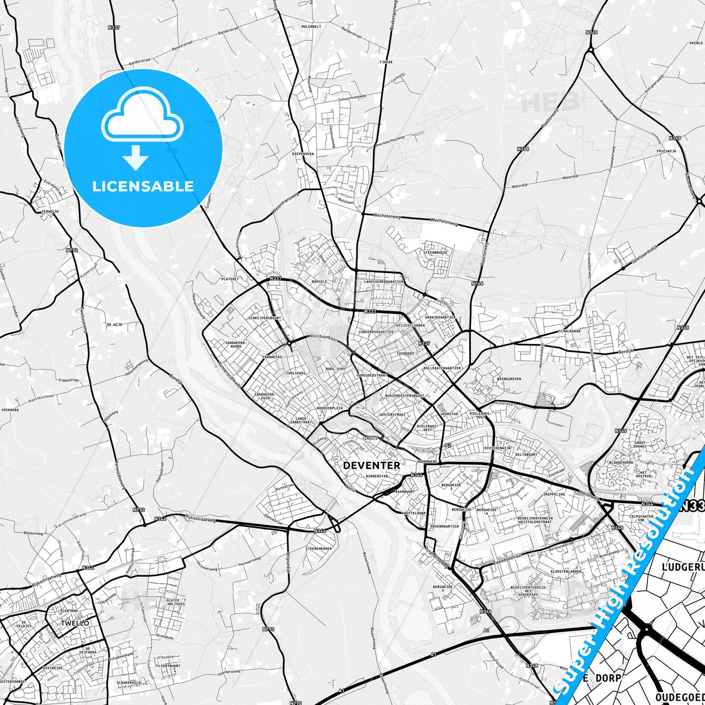 Deventer, Netherlands Light Map with Street Names, City Names, and Districts